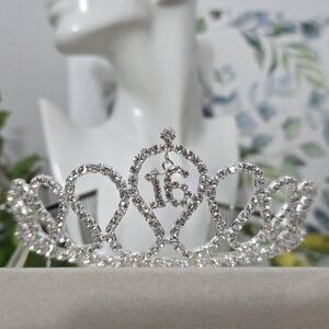 Silver Clear Rhinestone Sweet 16 Tiara with Side Combs